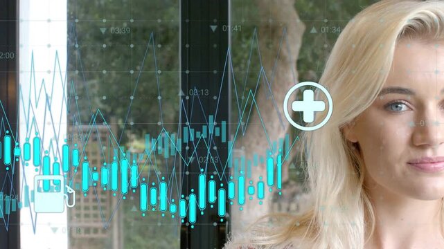 Woman posing by glass doors data starting animating chart and icons passing face showing finance