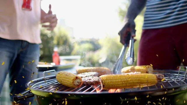 Cook picking up tongs and flipping patty on kettle grill, culinary overlay appearing across scene