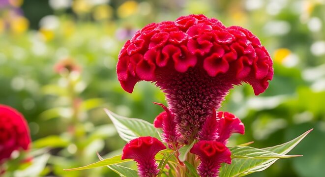 Vibrant red cockscomb flower in full bloom against a blurred background
