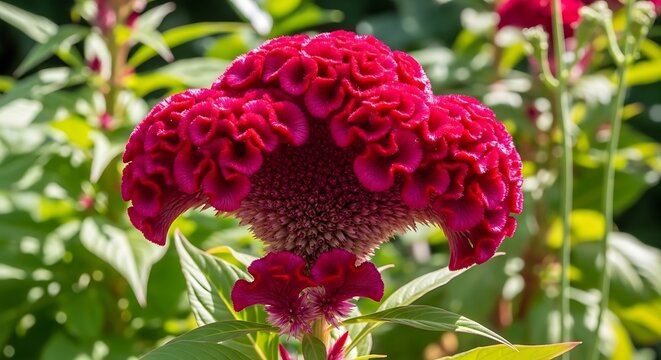 Vibrant red cockscomb flower in bloom against green foliage backdrop
