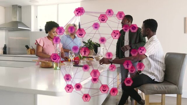 Four adults preparing meal at white island, camera moving causing magenta hex overlay tracing hands