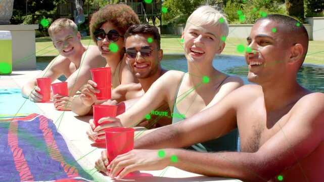 5 models leaning smiling zooming starting green overlay across faces and red cups posing for ad