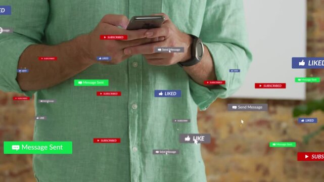 Man tapping phone and messaging, causing likes and subscribed badges filling frame for marketing