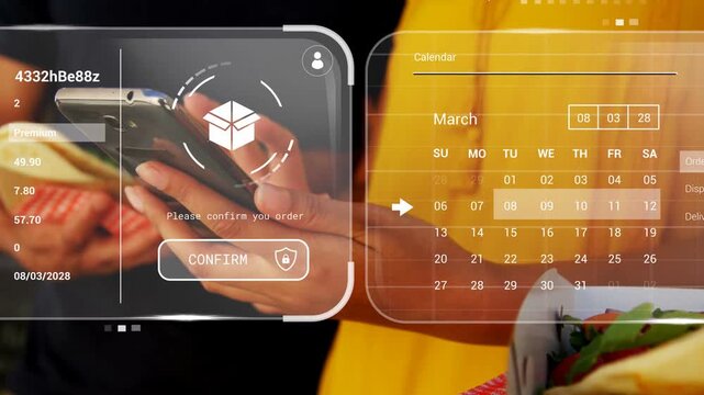 Pair tapping phone opening delivery UI, checking map and dates, confirming, viewing charts tracking
