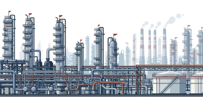 Industrial complex illustration Oil refinery or chemical plant with intricate pipe systems, towering processing units, and storage tanks. Essential for energy and manufacturing