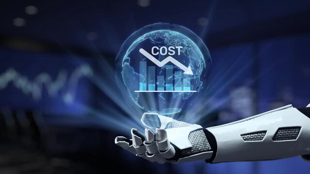 A robotic hand illustrates a global cost analysis with a descending graph, emphasizing economic trends and insights in a modern office setting. Synapse