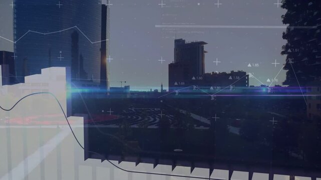 Sun flare sparking HUD emerging over skyline, stepped chart rising and curve visualizing trends