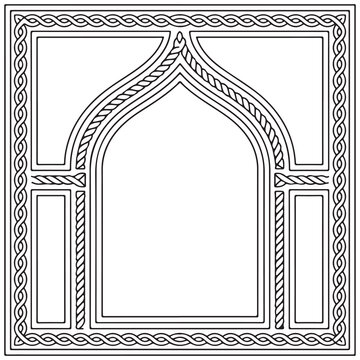 Decorative square frame with an elegant pointed arch and intricate rope border pattern in a classic vintage line art illustration style suitable for invitations and framing artistic content