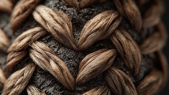 Close up of braid rests on dark surface showcasing texture detailed view highlights intricate pattern of woven hair strand