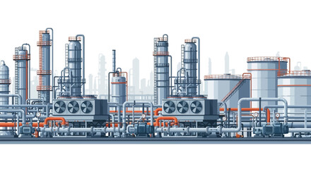 Obraz premium Industrial complex illustration. Modern petrochemical refinery, towers, tanks, piping, for energy and chemical production