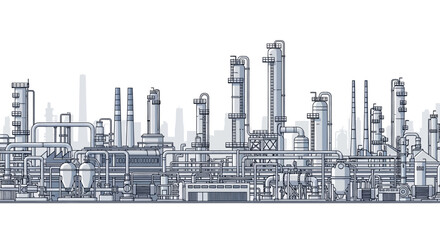 Obraz premium Detailed modern industrial complex with interconnected pipes, storage tanks, and tall towers, representing advanced manufacturing, energy production, and essential infrastructure