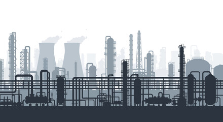 Obraz premium Industrial cityscape silhouette with smokestacks, cooling towers, and complex pipe systems under a hazy sky, representing manufacturing and production facilities