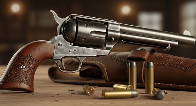 Vintage revolver and ammunition on wooden surface with leather holster