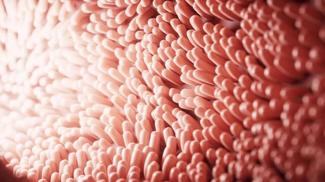 Fleshy intestinal canal lined with soft villi, 3d rendering.