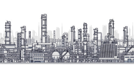 Obraz premium Grayscale vector illustration of a sprawling industrial complex, featuring interconnected facilities, towering structures, and intricate pipes, representing heavy industry and energy infrastructure
