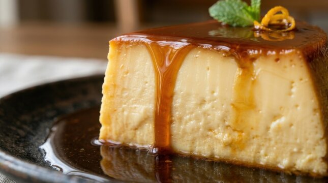 Pudim, A slice of creamy cheesecake with caramel sauce on a black plate