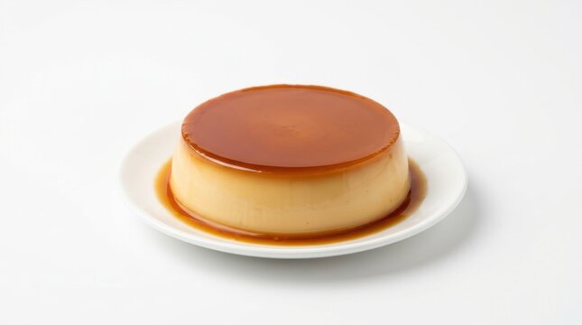 Pudim, A creamy flan dessert with caramel sauce on a white plate