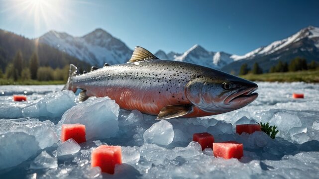 Freshly caught salmon resting on ice cubes with vibrant red watermelon pieces, surrounded by majestic mountains
