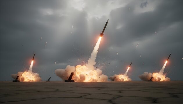 Multiple Ballistic Missiles Launching from Ground Station with Smoke and Fire under Dramatic Sky