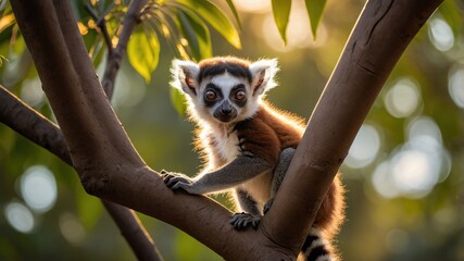 Fototapeta premium Curious lemur perched on a tree branch in a lush green forest, sunlight filtering through leaves