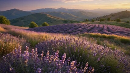 Fototapeta premium Serene lavender fields under a sunset sky with distant mountains and a peaceful atmosphere