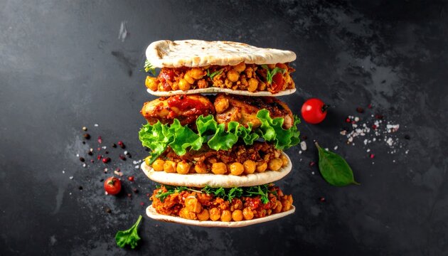 Stacked deconstructed sandwich with chickpeas, lettuce, & vegetables