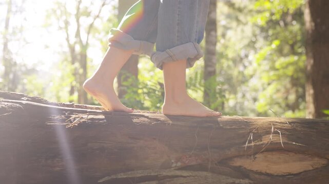 Barefoot woman walking on tree trunk in forest, close up feet balancing on natural wood surface, Nature Therapy mindful grounding practice, outdoor meditation wellness, relaxation in peaceful woodland