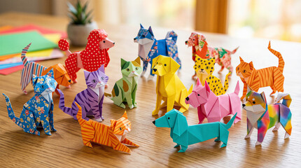 Colorful origami animals forming a group on wooden table