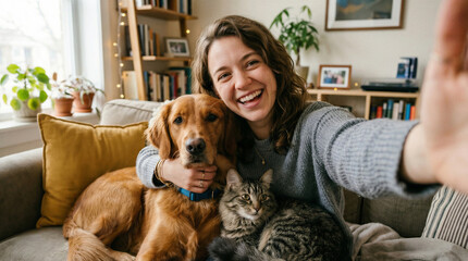 Obraz na płótnie Canvas Woman smiling taking a selfie with dog and cat