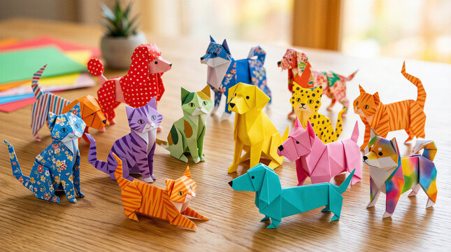 Colorful origami animals forming a group on wooden table