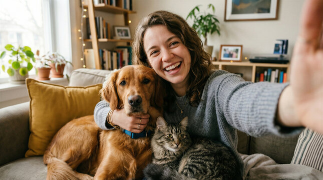Woman smiling taking a selfie with dog and cat
