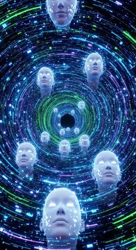 Multiple identical visages emerge from a fluid vortex of glowing data streams and ethereal light in a dreamlike digital environment, iterations, abstract, connection