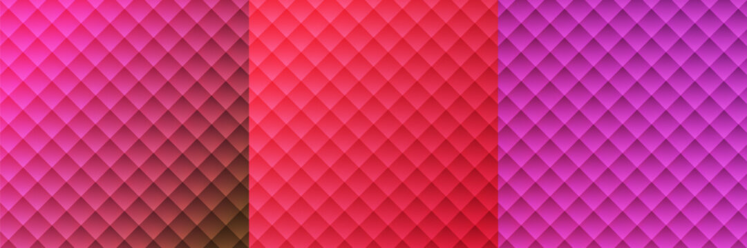 Elegant Pink and Purple Geometric Diamond Pattern Set. Luxury Quilted Texture Background in Rose, Red, and Violet