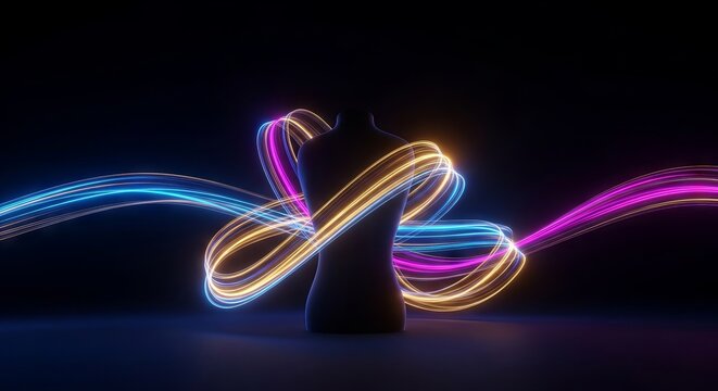 Radiant glowing ribbons wrap around a graceful form, creating a luminous light trail effect against a stark and minimalist dark backdrop, energy, neon, futuristic