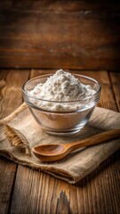 Fototapeta premium A photo of white flour and starch in a glass bowl, wooden spoon on rustic wooden tray with burlap cloth underneath