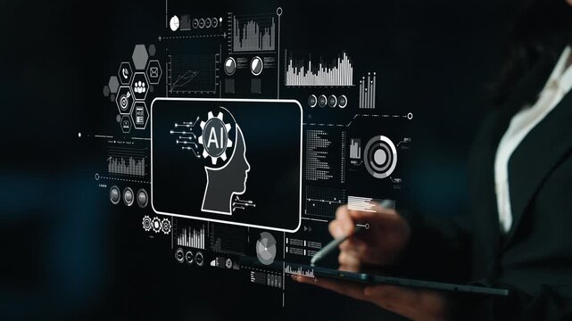 Business professional interacting with AI technology interface showing data analysis and digital innovation concepts. Asymptotic smart data analytic.