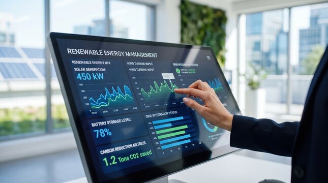 Renewable energy management dashboard displaying solar and wind power data, battery storage levels, and carbon reduction metrics on a large touchscreen interface in a modern