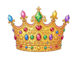 Naklejka premium A vibrant, ornate golden crown adorned with colorful gemstones and intricate details, presented in a detailed illustration style against a clean white background, evoking a regal and luxurious feel.