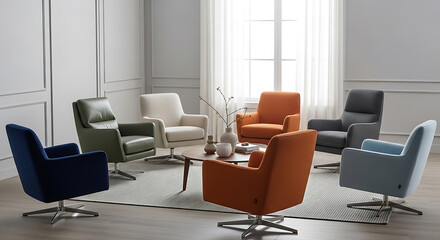 Fototapeta premium Collection of modern armchairs in various colors on transparent background high quality