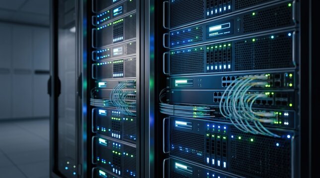 Modern server rack with blinking blue lights in a data center, high speed network cables connected to switches, cloud computing infrastructure concept, digital technology