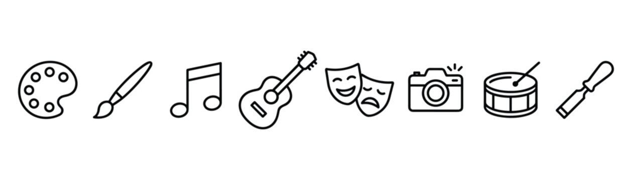 Arts and crafts icons paint palette brush music note guitar theatre masks camera drum stick carving tool creative tools.