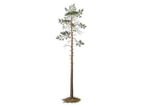 A small pine tree stands alone on a plain white background