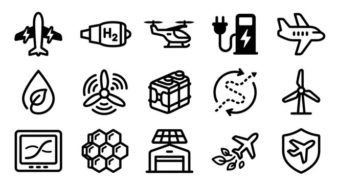 Vector icon set for sustainable aviation, advanced air mobility (AAM), and electric flight technology platforms. Bold rounded outline style for aerospace engineering dashboards, flight management 