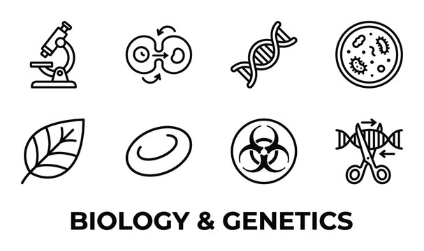 Biology and genetics symbols microscope cell division dna double helix bacteria leaf cell.