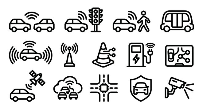 Vector icon set for V2X (Vehicle-to-Everything) connectivity, smart mobility, and autonomous vehicle infrastructure. Bold rounded outline style for telematics dashboards, intelligent transport 