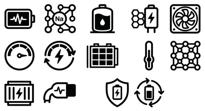 Vector icon set for solid-state batteries, sodium-ion technology, and advanced energy storage platforms. Bold rounded outline style for EV engineering dashboards, renewable energy storage software
