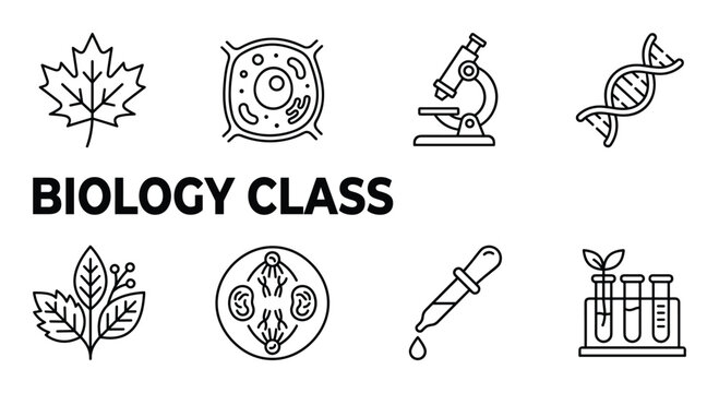 Biology class symbols maple leaf plant cell microscope dna double helix test tubes.