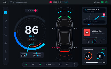Fototapeta premium Modern smart car dashboard UI illustration with digital speedometer, navigation map, music player and climate control interface. Futuristic automotive display design ideal for electric vehicles.