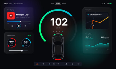 Modern smart car dashboard UI illustration with digital speedometer, navigation map, music player and climate control interface. Futuristic automotive display design ideal for electric vehicles. © Meico Studio