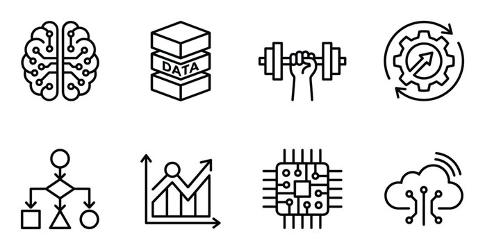 Brain circuits data stack dumbbells gear wheel flowchart graph and computer chip cloud.